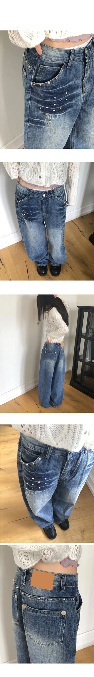 Boa Stud Eyelet Pocket Wide-Fit Faded Denim Long Pants