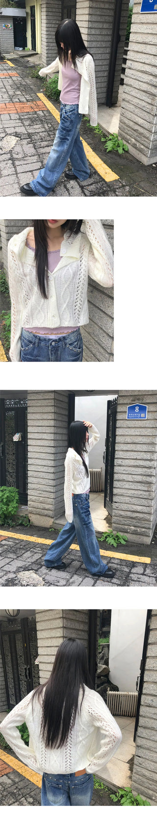 Boa Stud Eyelet Pocket Wide-Fit Faded Denim Long Pants