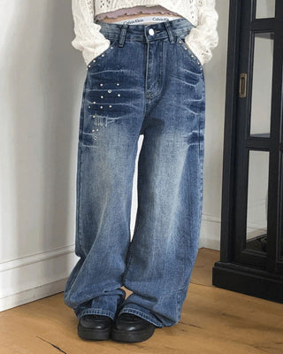 Boa Stud Eyelet Pocket Wide-Fit Faded Denim Long Pants