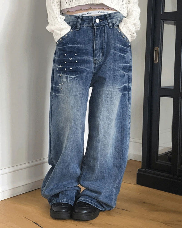 Boa Stud Eyelet Pocket Wide-Fit Faded Denim Long Pants