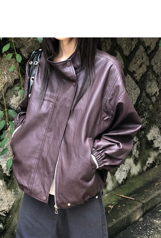 Dumb high-neck Split pocket string leather jacket
