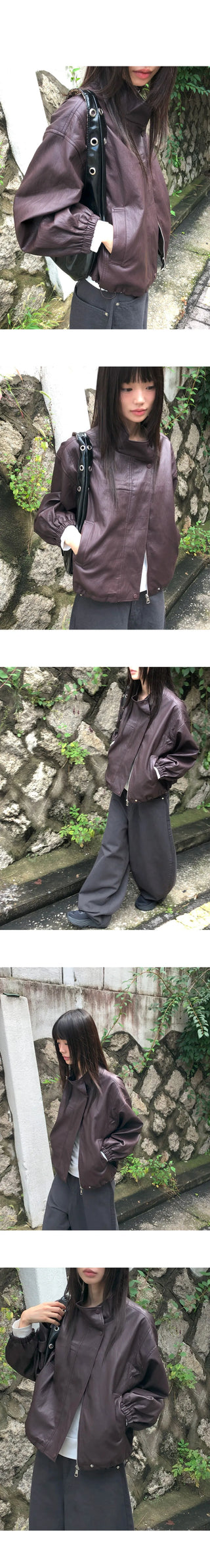 Dumb high-neck Split pocket string leather jacket