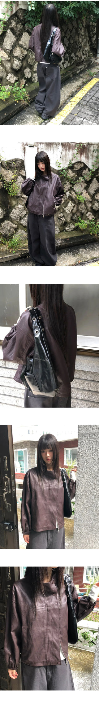 Dumb high-neck Split pocket string leather jacket