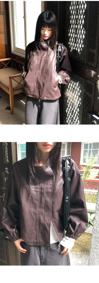 Dumb high-neck Split pocket string leather jacket