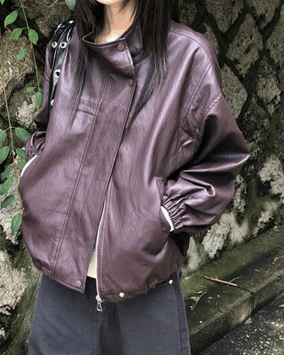 Dumb high-neck Split pocket string leather jacket