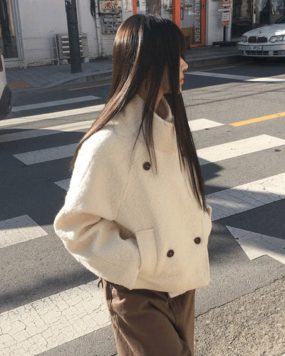 Emon Boucle Double Two-Button High-Neck Quilted Short Coat