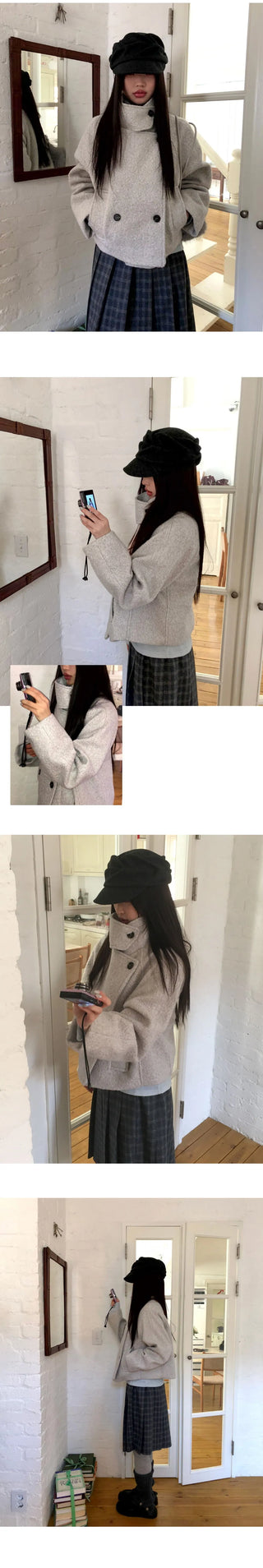 Emon Boucle Double Two-Button High-Neck Quilted Short Coat