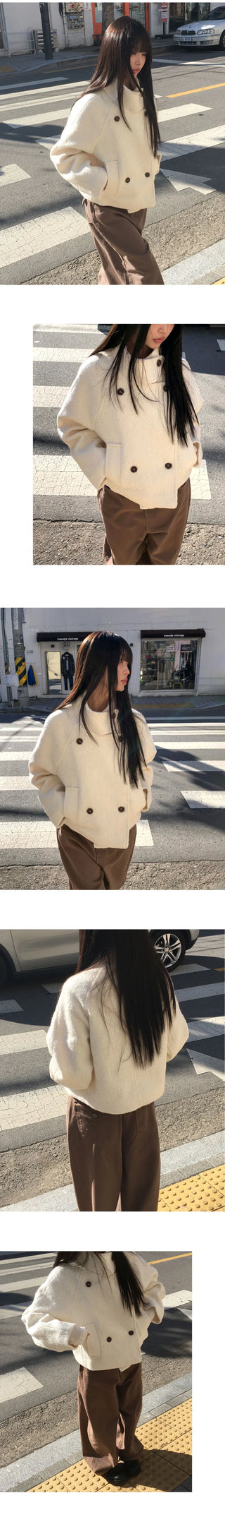 Emon Boucle Double Two-Button High-Neck Quilted Short Coat