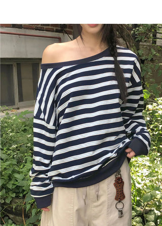 Hanky â€‹â€‹Stripe One-Off Shoulder Overfit Long Sleeve Sweatshirt