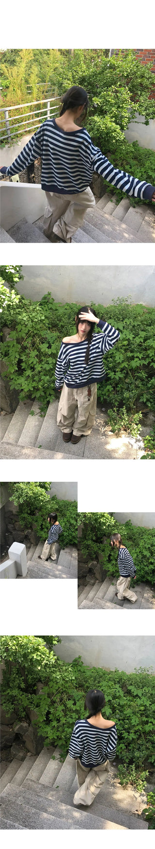 Hanky â€‹â€‹Stripe One-Off Shoulder Overfit Long Sleeve Sweatshirt