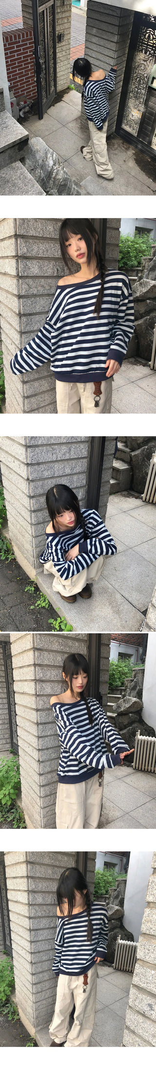 Hanky â€‹â€‹Stripe One-Off Shoulder Overfit Long Sleeve Sweatshirt