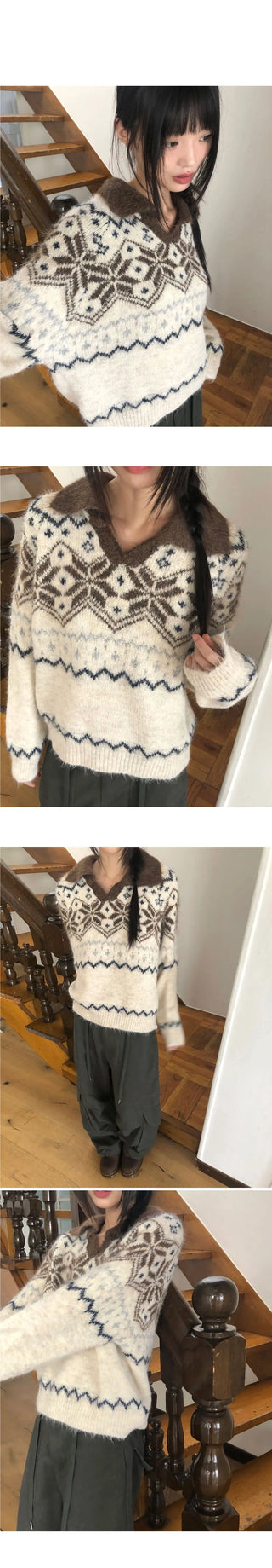 Neuel Nordic Color Block Collar Loose-fit Long Sleeve Knitwear