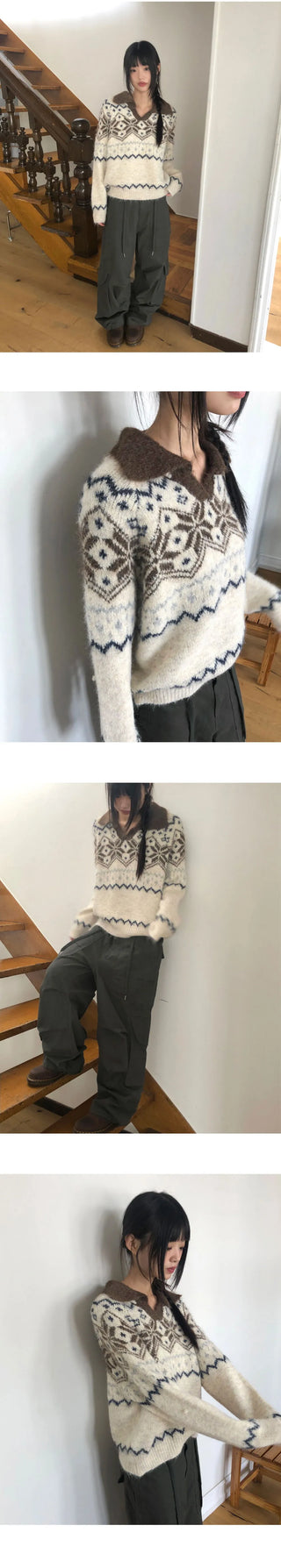 Neuel Nordic Color Block Collar Loose-fit Long Sleeve Knitwear