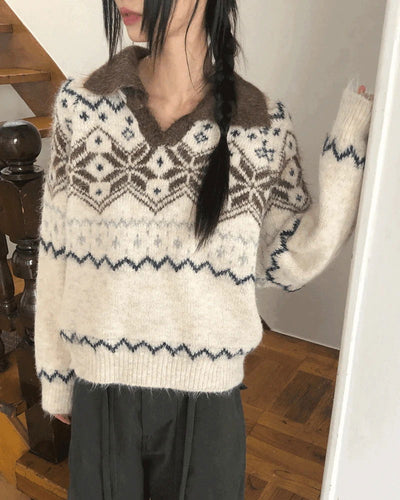 Neuel Nordic Color Block Collar Loose-fit Long Sleeve Knitwear