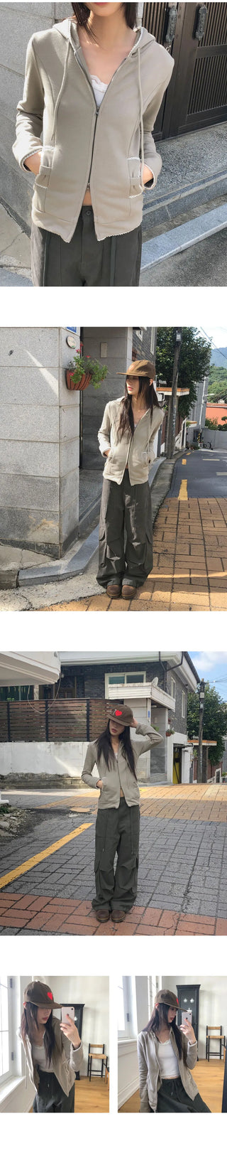 Cumming Lace Split Pocket Two-Way Long-Sleeve Hooded Zip-Up