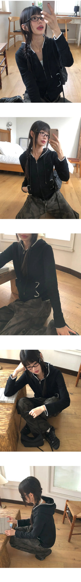 Cumming Lace Split Pocket Two-Way Long-Sleeve Hooded Zip-Up