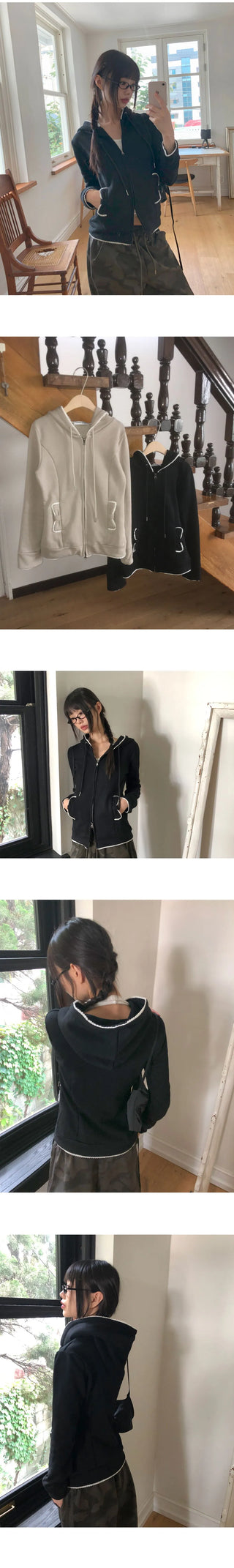 Cumming Lace Split Pocket Two-Way Long-Sleeve Hooded Zip-Up