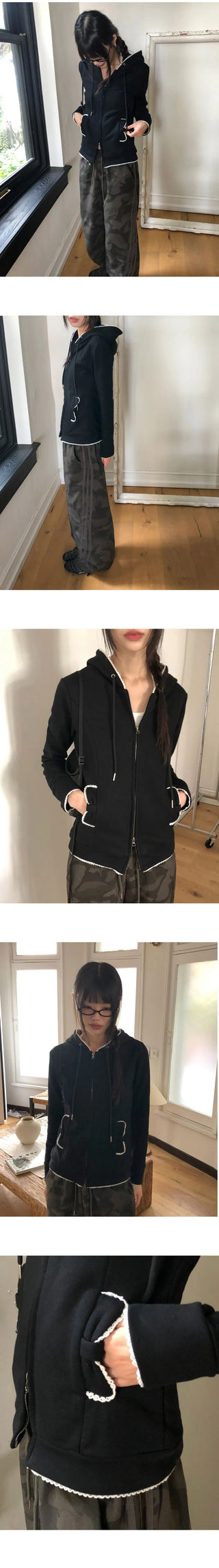 Cumming Lace Split Pocket Two-Way Long-Sleeve Hooded Zip-Up