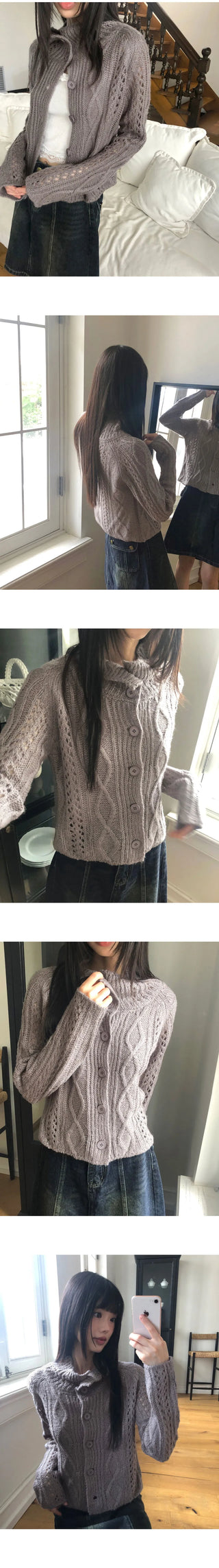 Wayson High Neck Twisted Long Sleeve Knitwear Cardigan