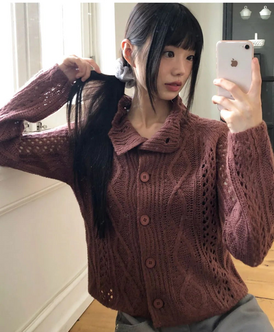 Wayson High Neck Twisted Long Sleeve Knitwear Cardigan