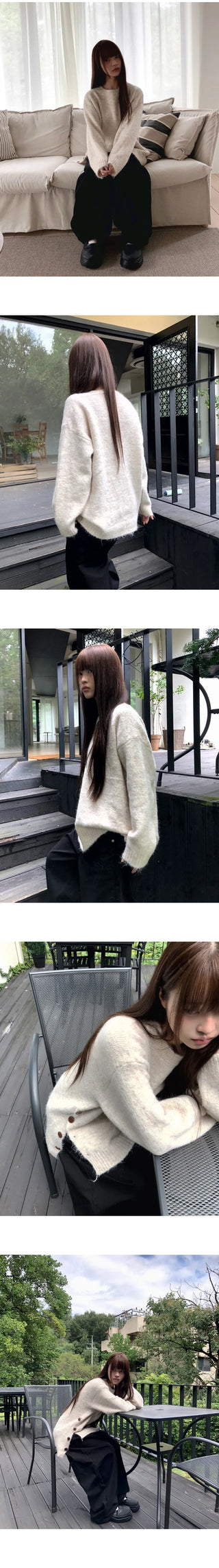 Side button point Loose-fit long sleeve knitwear