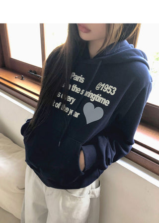 Carton Heart Lettering Print Pocket Long Sleeve Hooded T-Shirt