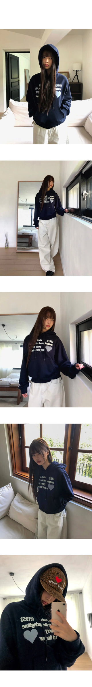 Carton Heart Lettering Print Pocket Long Sleeve Hooded T-Shirt
