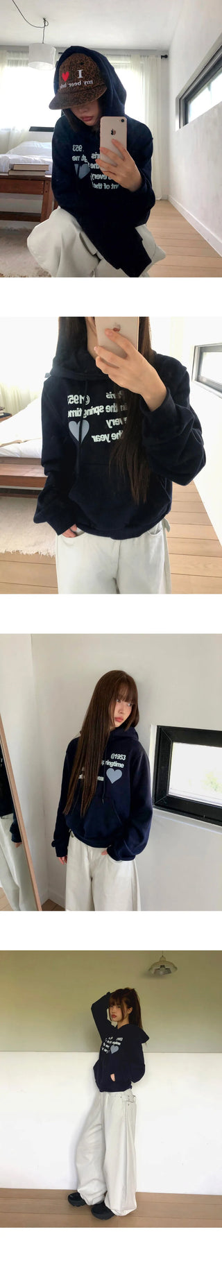 Carton Heart Lettering Print Pocket Long Sleeve Hooded T-Shirt