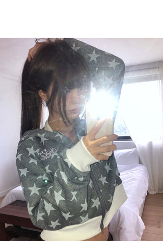 Newzing Star Color Patch Crop Long Sleeve Hooded Zip-Up