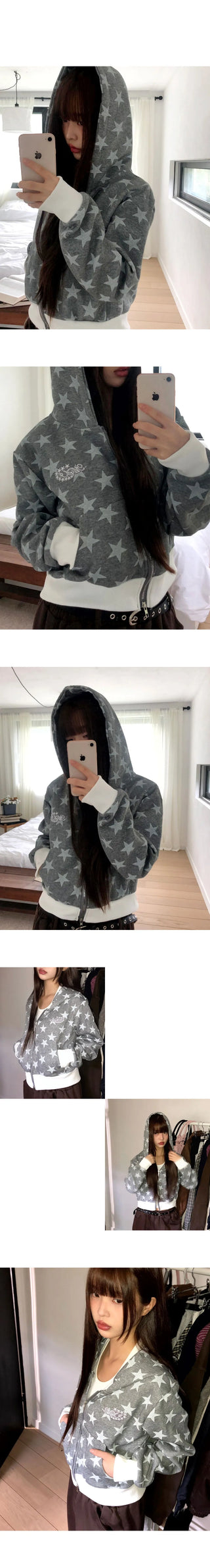 Newzing Star Color Patch Crop Long Sleeve Hooded Zip-Up