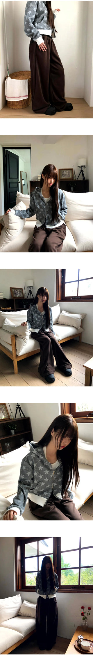 Newzing Star Color Patch Crop Long Sleeve Hooded Zip-Up