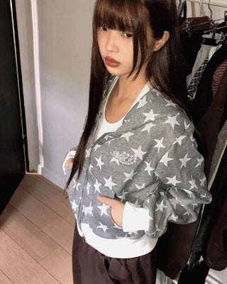 Newzing Star Color Patch Crop Long Sleeve Hooded Zip-Up