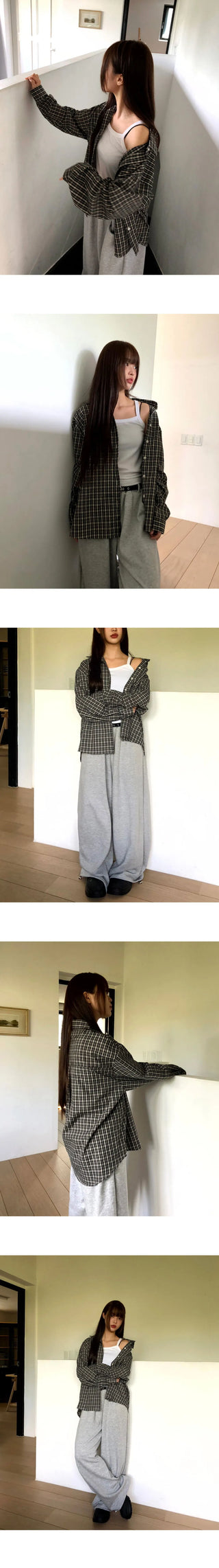 Timin Check Collar Pocket Loose-fit Long Sleeve Shirt