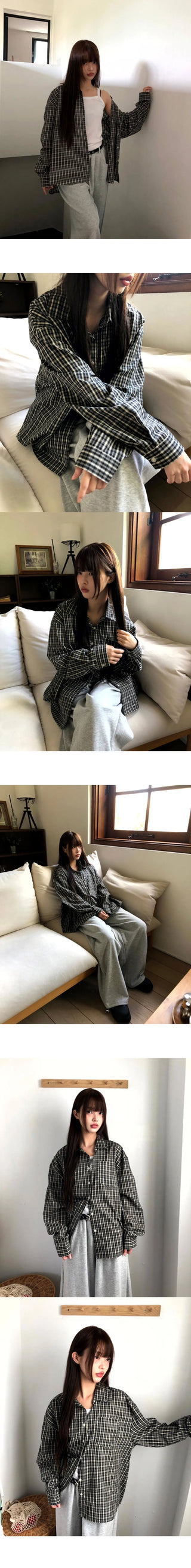 Timin Check Collar Pocket Loose-fit Long Sleeve Shirt