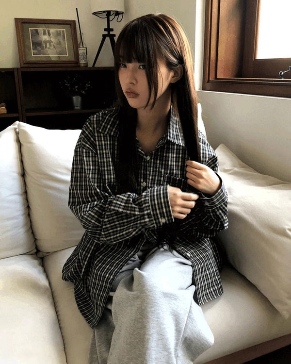 Timin Check Collar Pocket Loose-fit Long Sleeve Shirt