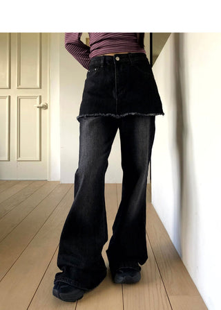 Kirit Pocket Flared Faded Denim Skirt Pants