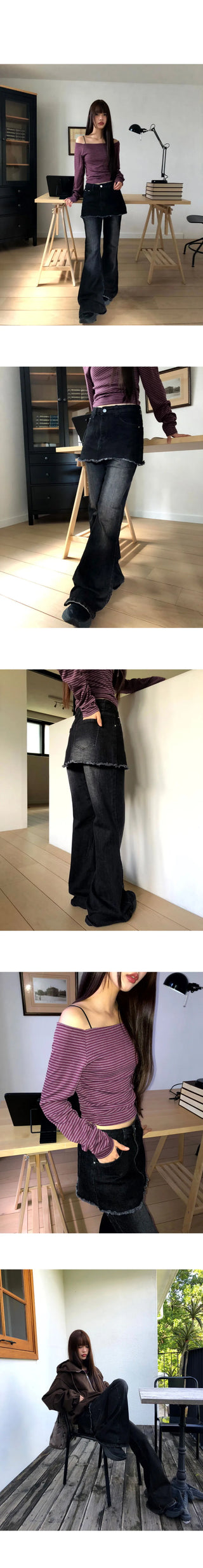 Kirit Pocket Flared Faded Denim Skirt Pants