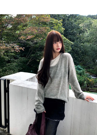 Mishu Color Block Layered Loose-fit Long Sleeve Knitwear