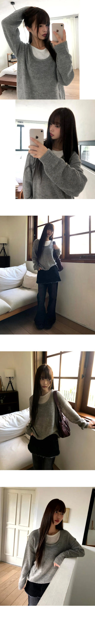 Mishu Color Block Layered Loose-fit Long Sleeve Knitwear
