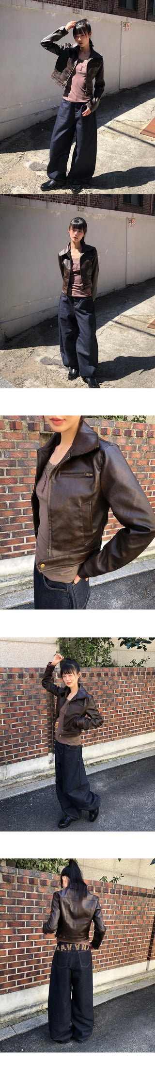 Dune Collar Zipper Pocket Biker Faded Leather Jacket