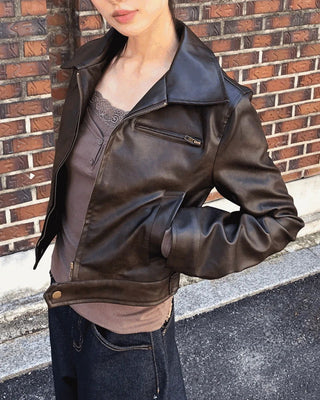 Dune Collar Zipper Pocket Biker Faded Leather Jacket