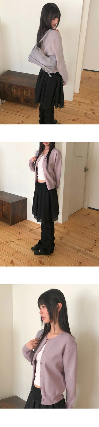 Pimu Basic Round Neck Loose-fit Long Sleeve Knitwear Cardigan