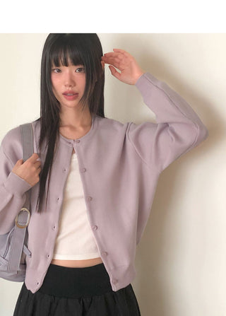 Pimu Basic Round Neck Loose-fit Long Sleeve Knitwear Cardigan