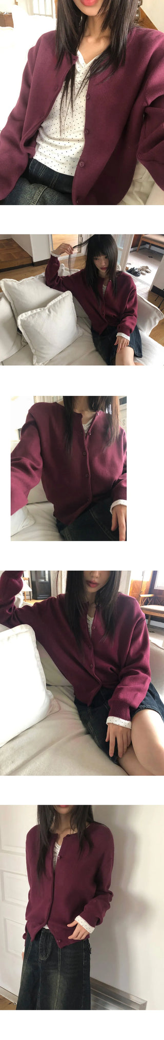 Pimu Basic Round Neck Loose-fit Long Sleeve Knitwear Cardigan