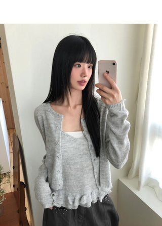 Rejong Punching Frill Long Sleeve Knitwear Sleeveless Cardigan Set