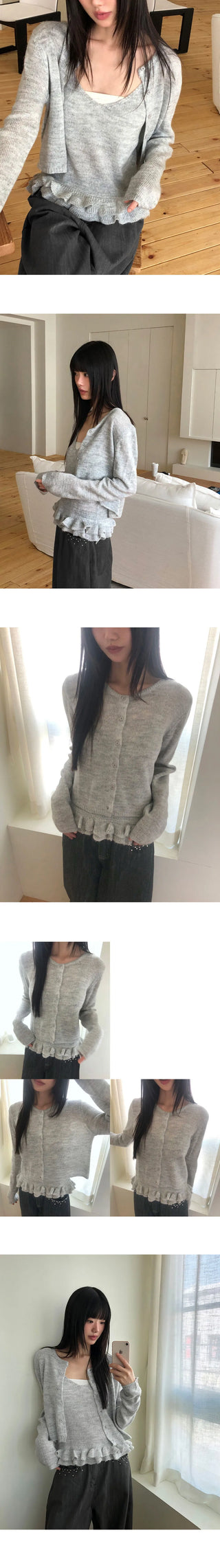 Rejong Punching Frill Long Sleeve Knitwear Sleeveless Cardigan Set