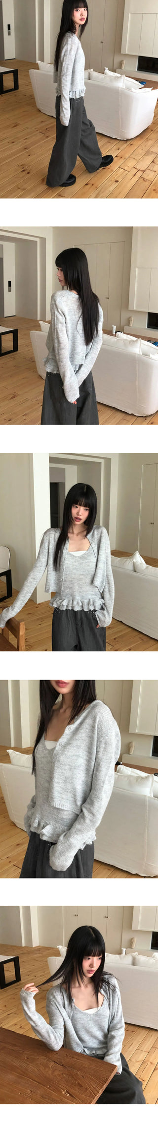 Rejong Punching Frill Long Sleeve Knitwear Sleeveless Cardigan Set