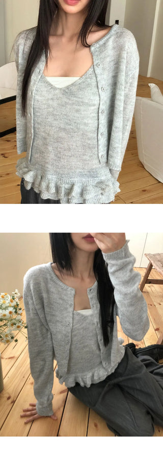 Rejong Punching Frill Long Sleeve Knitwear Sleeveless Cardigan Set