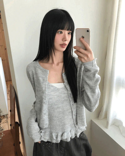 Rejong Punching Frill Long Sleeve Knitwear Sleeveless Cardigan Set