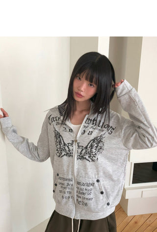 Hummus Lettering Print Stripe Color Block Snap Button Long Sleeve Hooded Zip-Up
